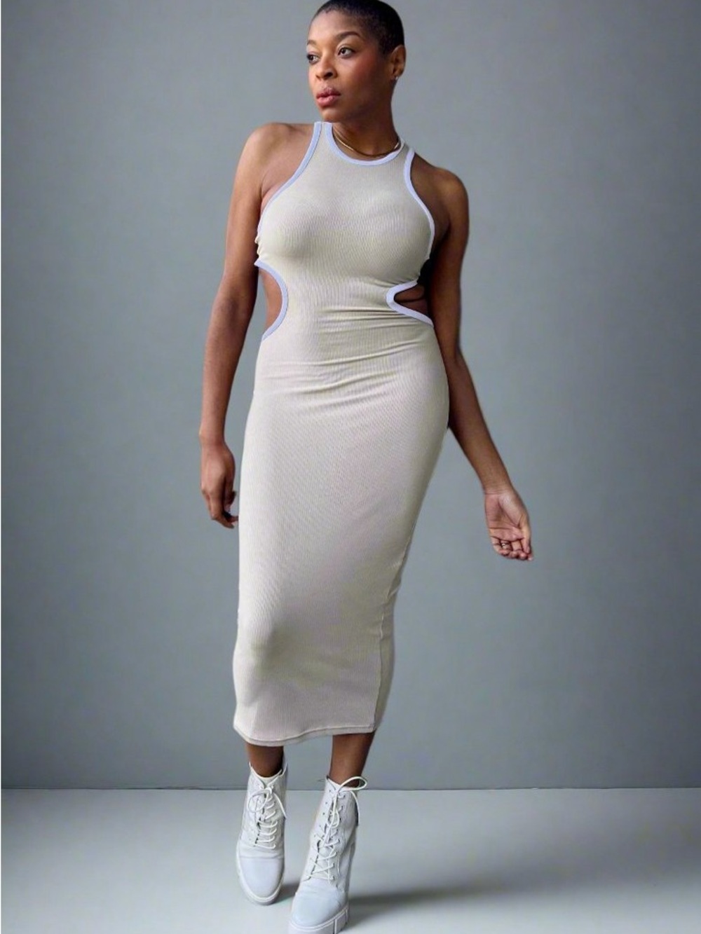 Cutout Ribbed Midi Dress in Cream